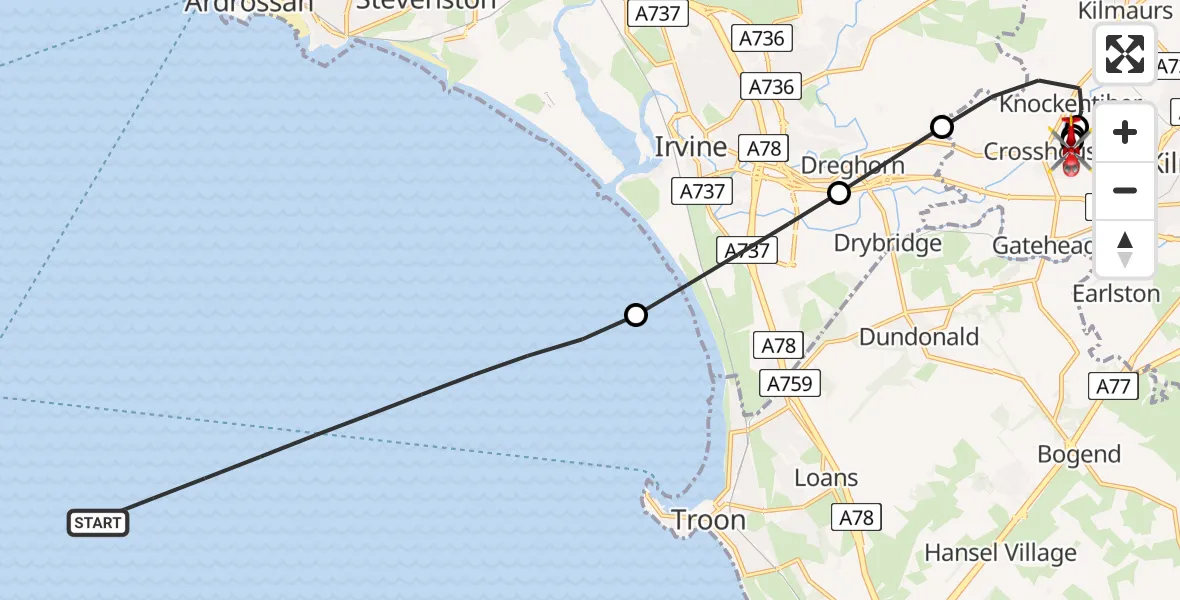 Flight route map: Air Ambulance Helicopter to Crosshouse University Hospital, Crosshouse University Hospital