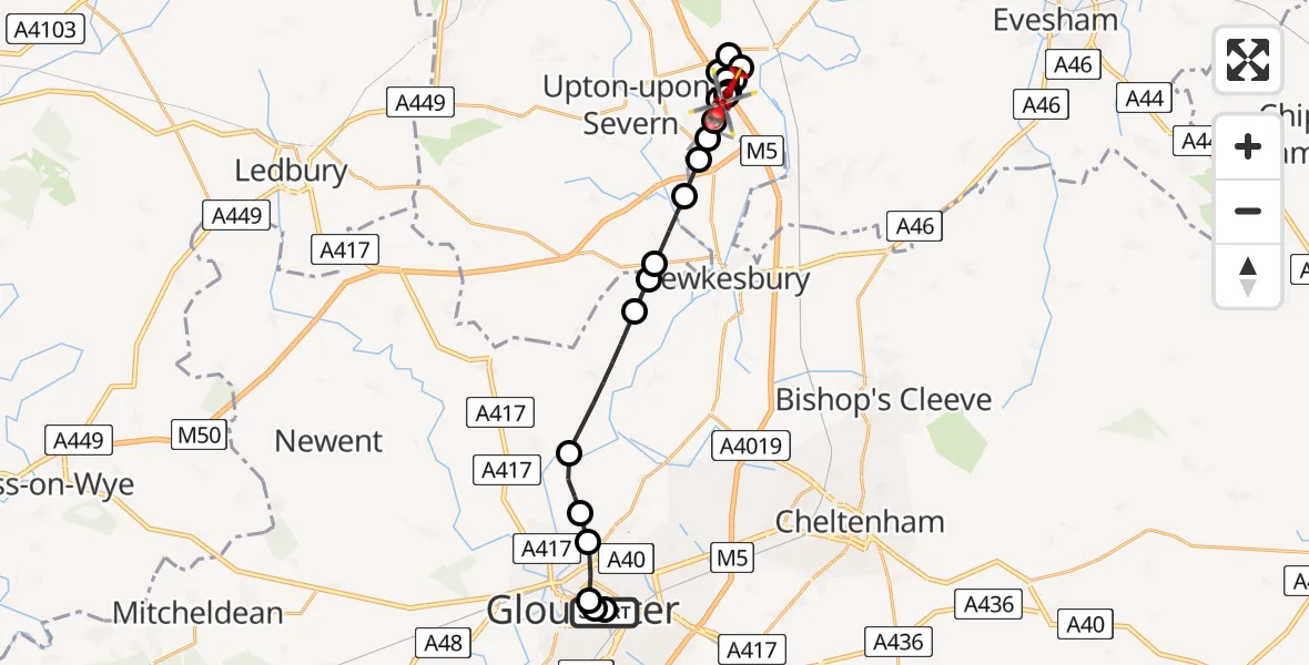 Routekaart van de vlucht: Air Ambulance Helicopter to Hill Croome, M5