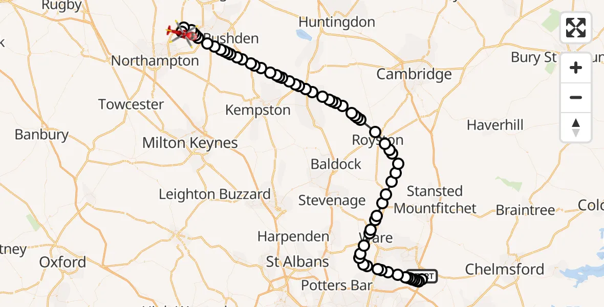 Flight route map: Air Ambulance Helicopter to Sywell Aerodrome, Sywell Aerodrome