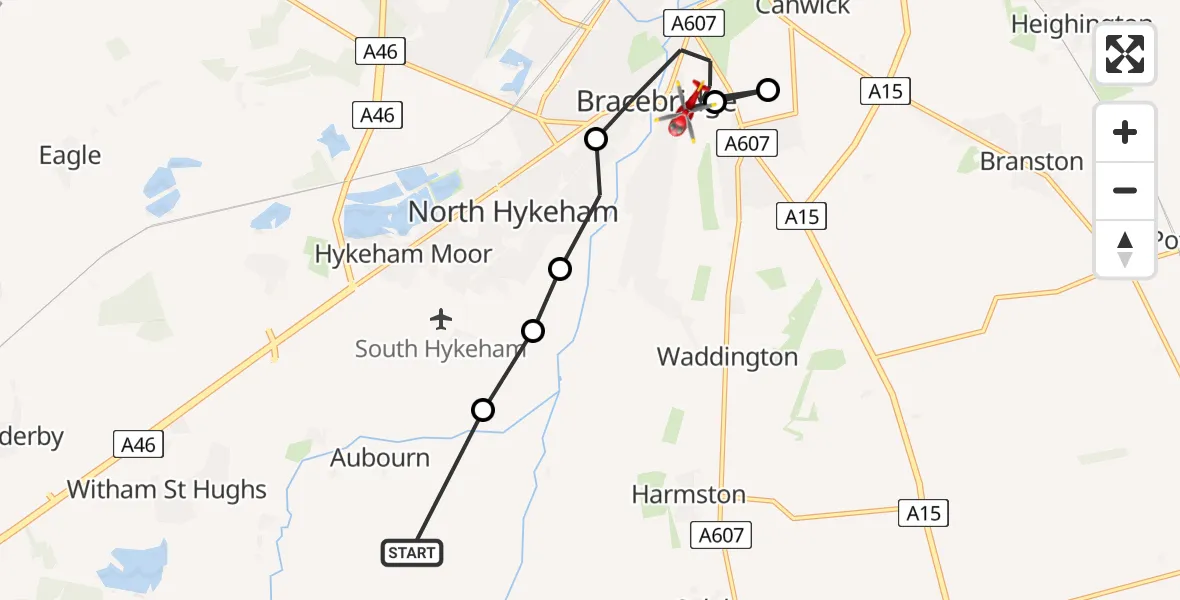 Routekaart van de vlucht: Air Ambulance Helicopter to Bracebridge, Holly Street