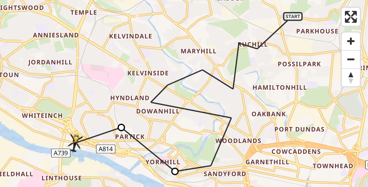 Flight route map:  to Glasgow, South Street