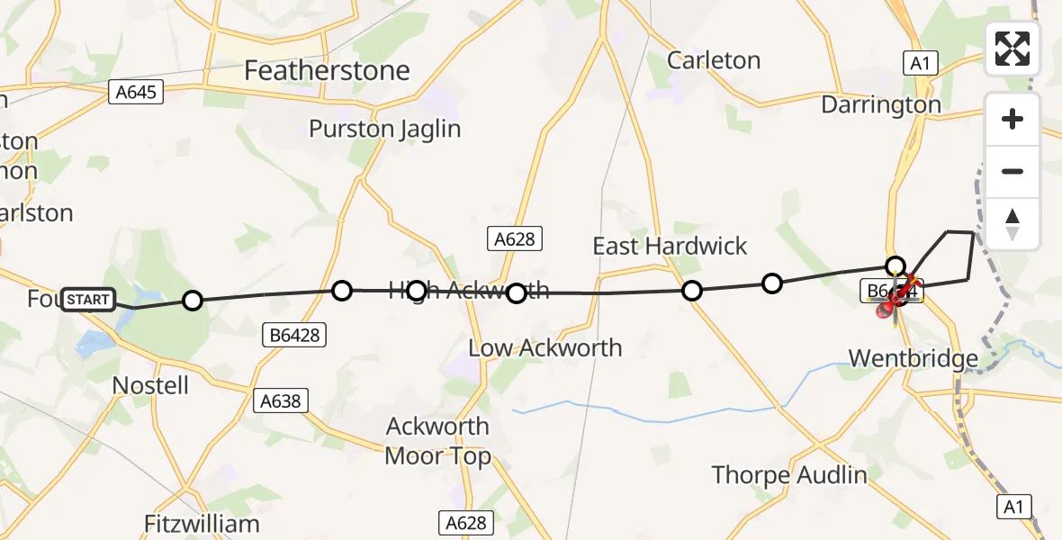 Flight route map: Air Ambulance Helicopter to Wentbridge, Old Great North Road