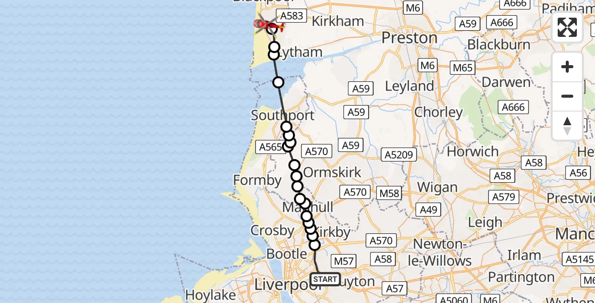 Flight route map: Air Ambulance Helicopter to Blackpool Airport, Blackpool Airport