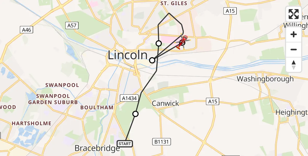 Routekaart van de vlucht: Air Ambulance Helicopter to Lincoln, Greetwell Road