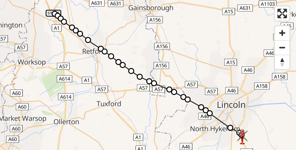 Routekaart van de vlucht: Air Ambulance Helicopter to North Kesteven, Sleaford Road