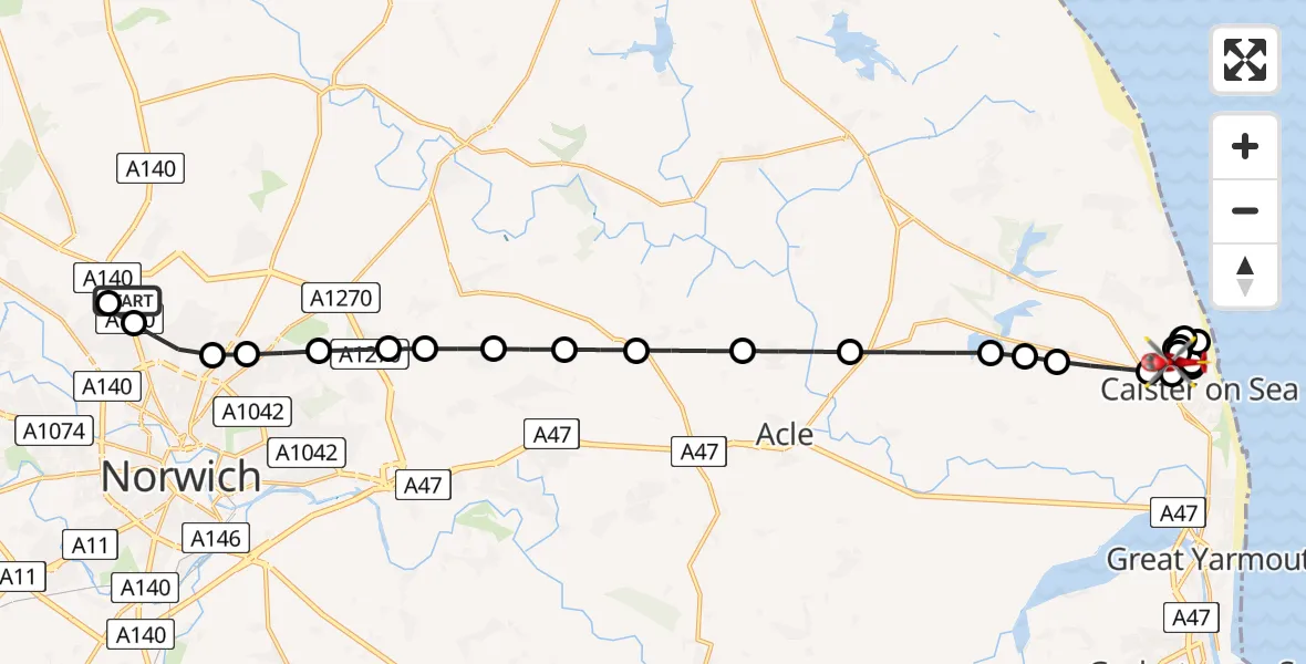 Flight route map: Air Ambulance Helicopter to Caister-on-Sea, Covent Garden Road