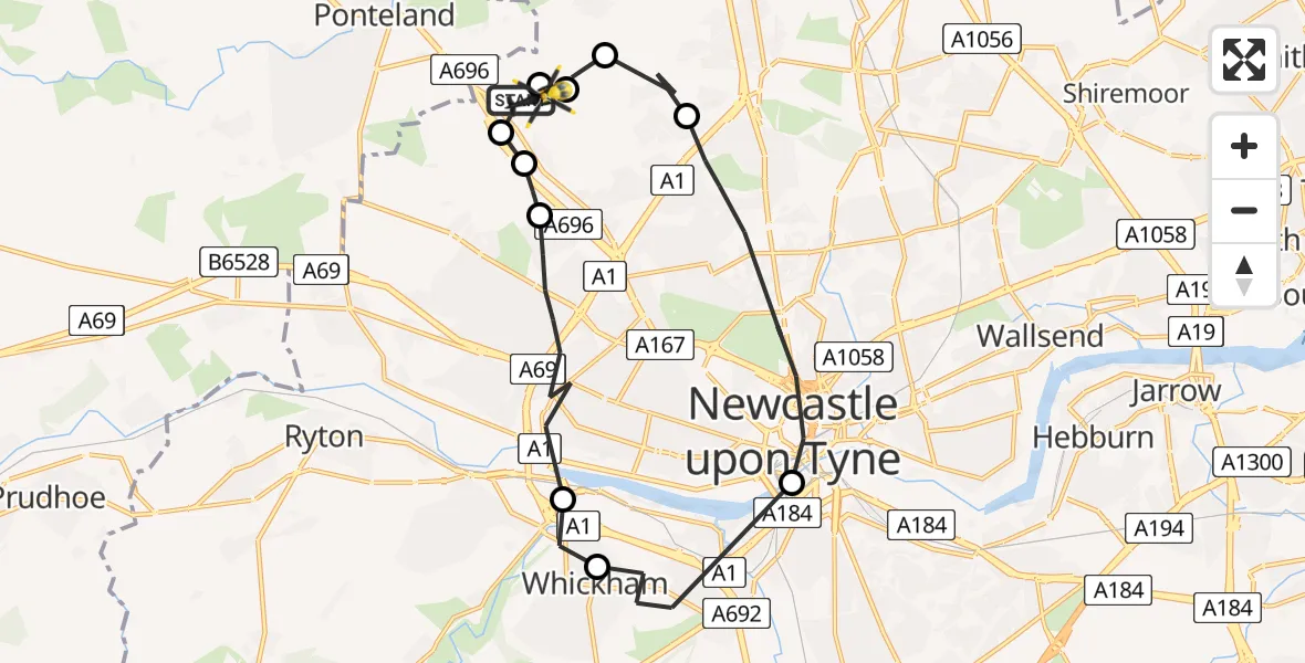 Flight route map: Police Helicopter to Newcastle International Airport, Newcastle International Airport
