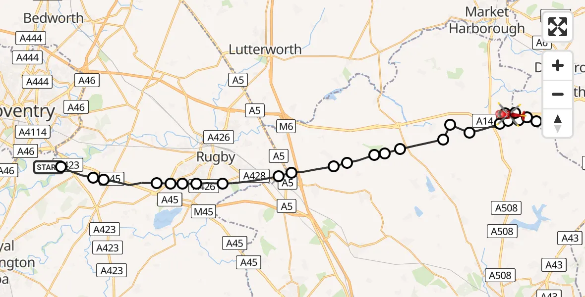 Flight route map: Air Ambulance Helicopter to Rothwell, A14