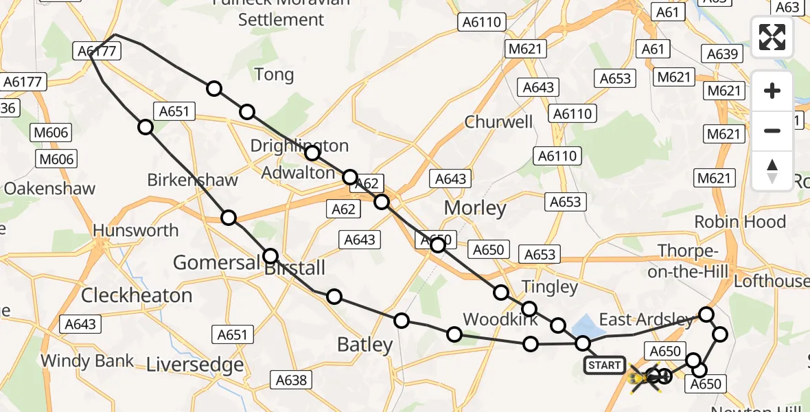 Flight path map showing Police Helicopter route from East Ardsley to East Ardsley