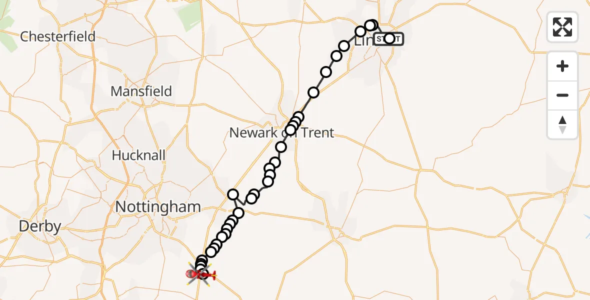 Flight route map: Air Ambulance Helicopter to Nottingham Heliport, Nottingham Heliport
