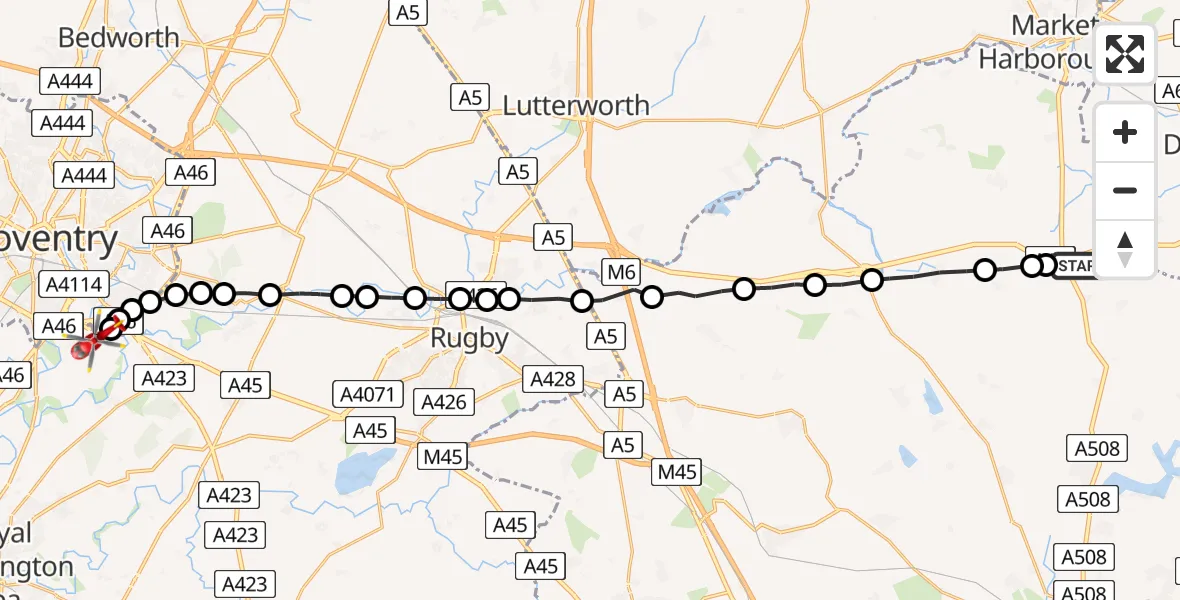 Routekaart van de vlucht: Air Ambulance Helicopter to Coventry Airport, Coventry Airport