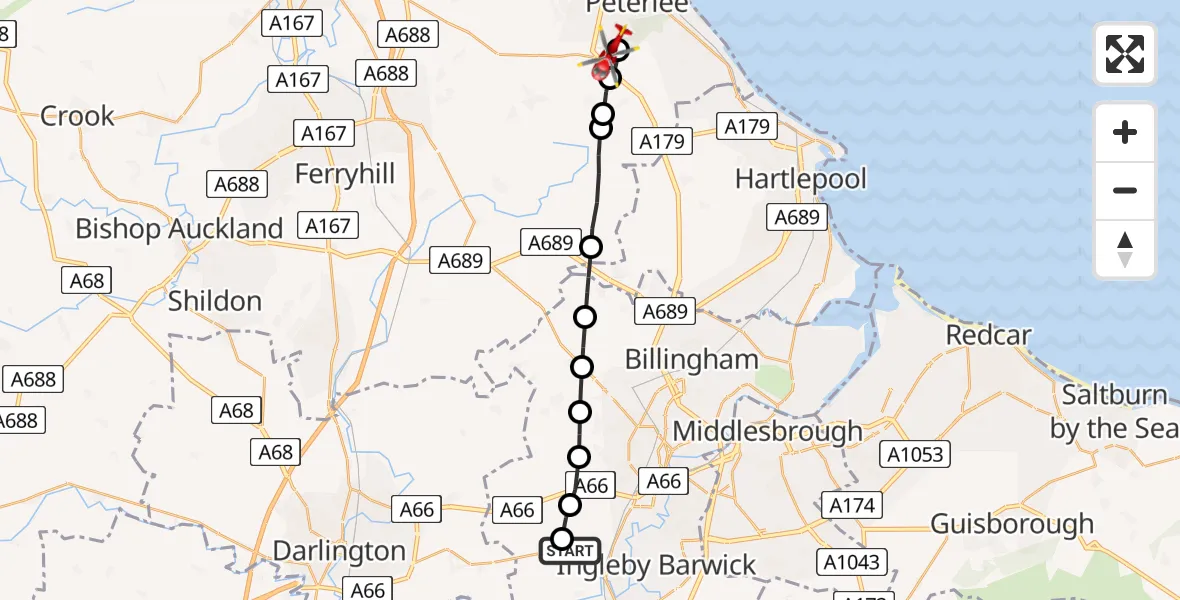 Flight route map: Air Ambulance Helicopter to Castle Eden, Gunner's Pool Bridge
