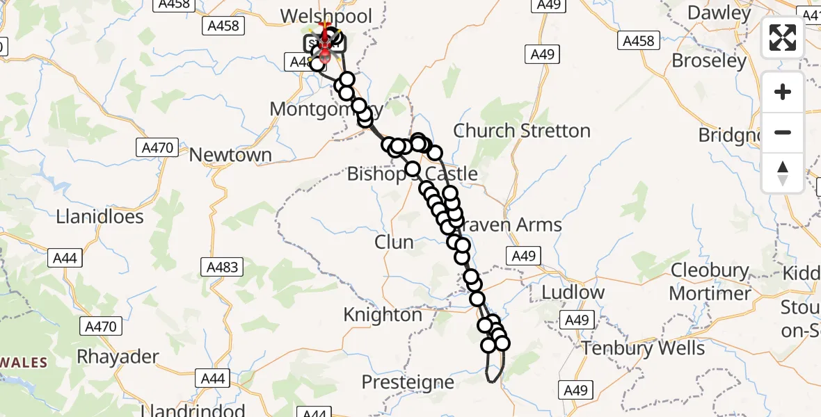 Routekaart van de vlucht: Air Ambulance Helicopter to Welshpool Airport, Welshpool Airport