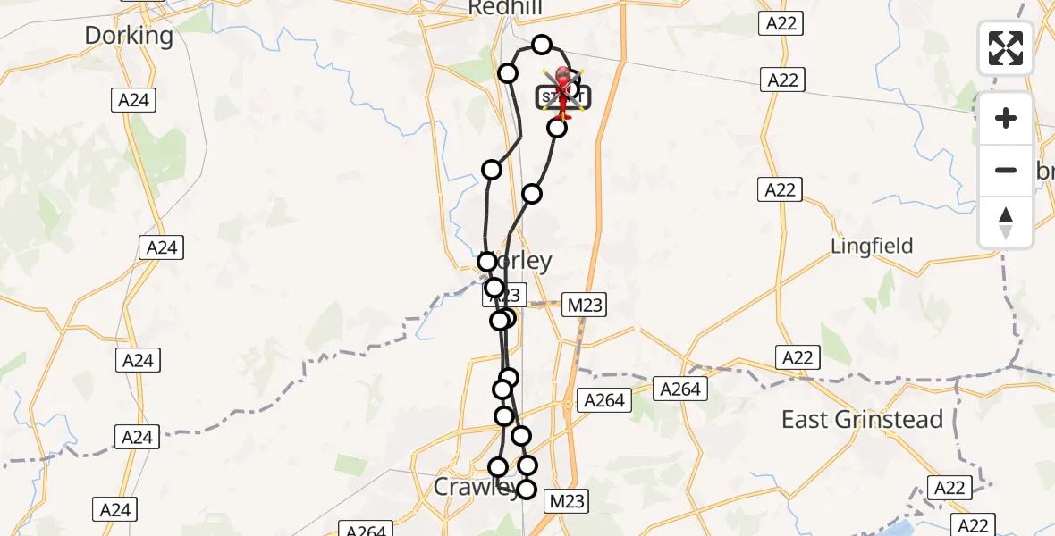 Flight route map: Air Ambulance Helicopter to Redhill Aerodrome, Redhill Aerodrome