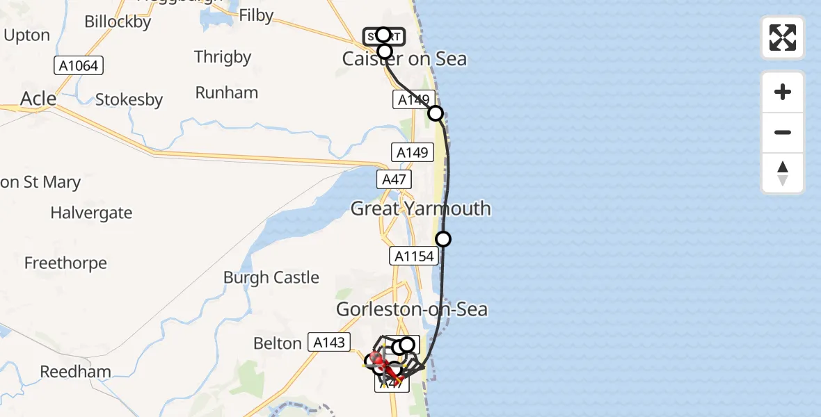 Routekaart van de vlucht: Air Ambulance Helicopter to James Paget Hospital, James Paget Hospital