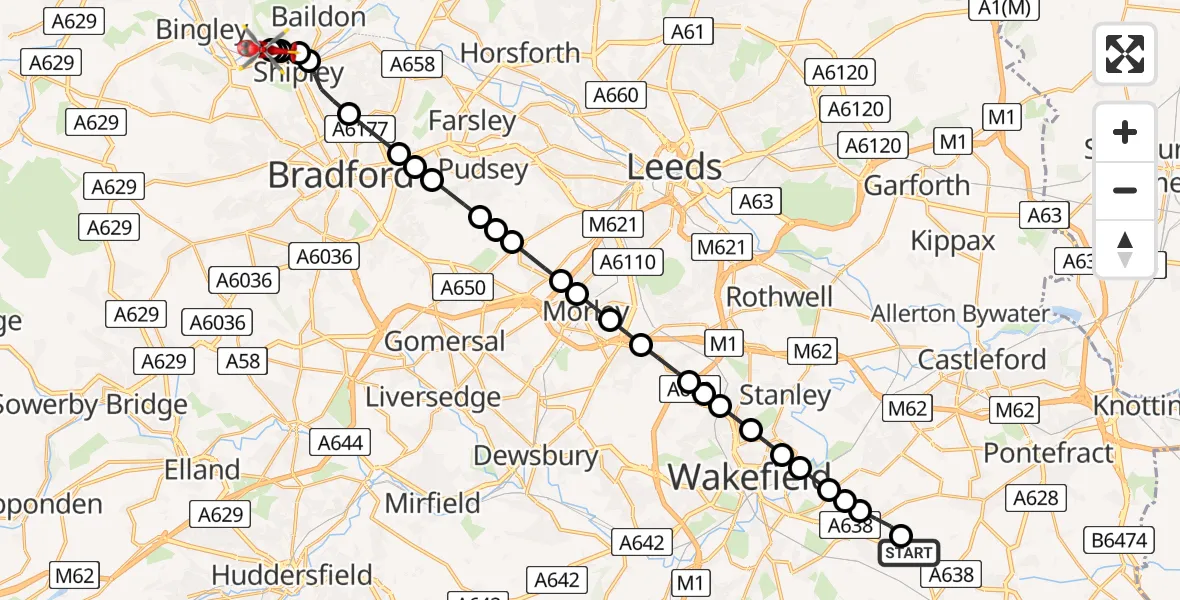 Routekaart van de vlucht: Air Ambulance Helicopter to Saltaire, Albert Avenue