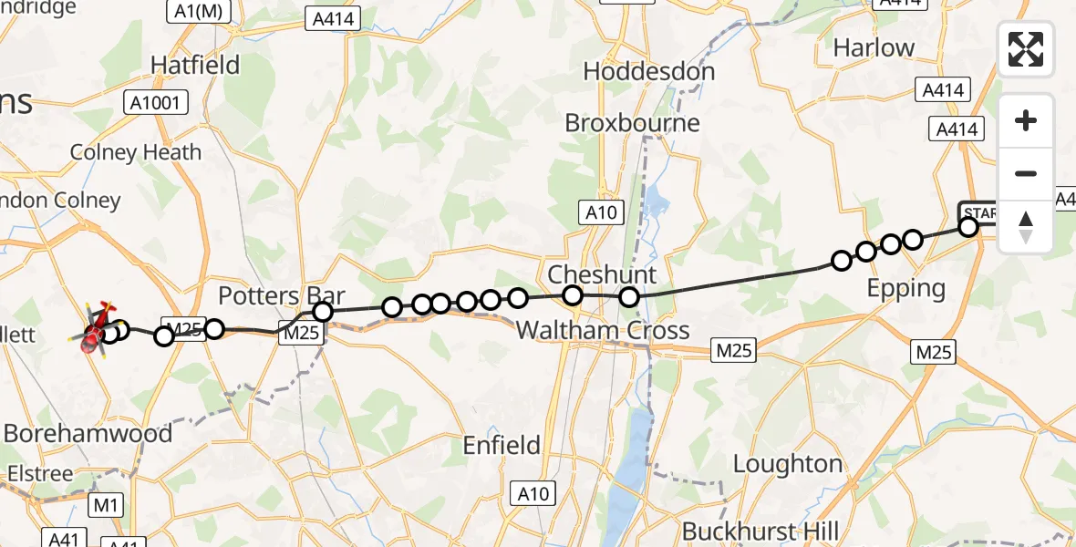 Flight route map: Air Ambulance Helicopter to Shenley, London Road