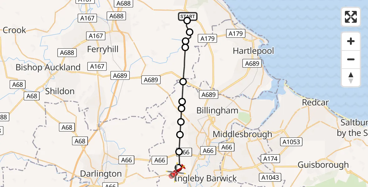 Routekaart van de vlucht: Air Ambulance Helicopter to Egglescliffe, Longnewton Lane