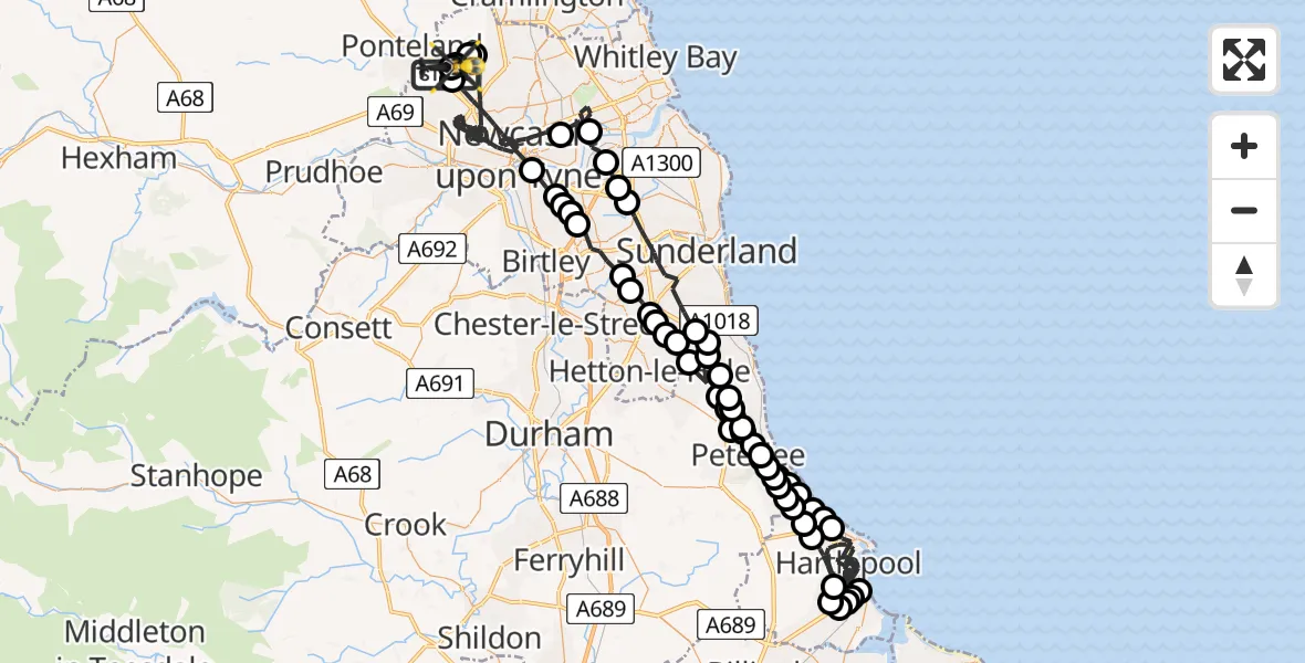 Flight route map: Police Helicopter to Newcastle International Airport, Newcastle International Airport
