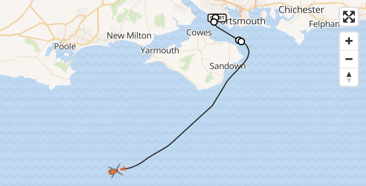 Flight route map: Coastguard Helicopter to English Channel, English Channel