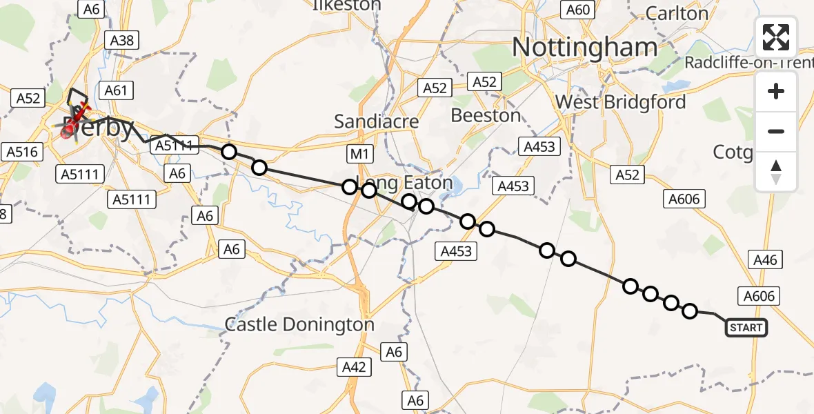Flight route map: Air Ambulance Helicopter to Derby, Vernongate