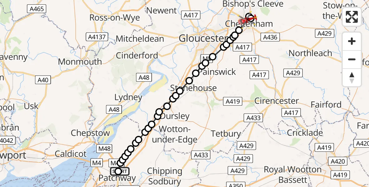 Flight route map: Air Ambulance Helicopter to Cheltenham, Albert Road