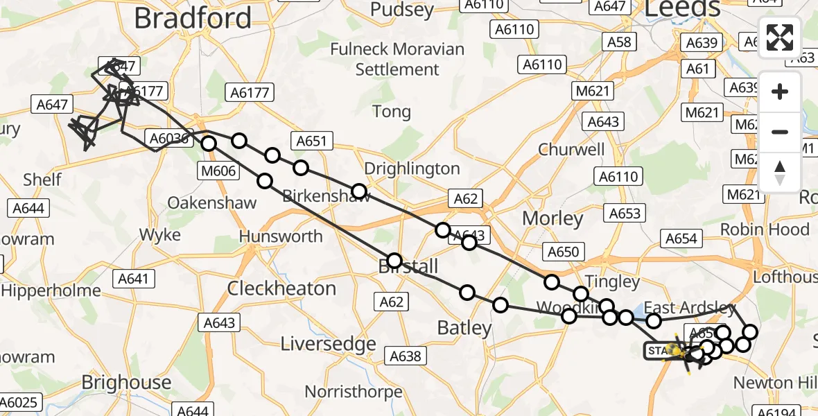 Flight path map showing Police Helicopter route from East Ardsley to East Ardsley