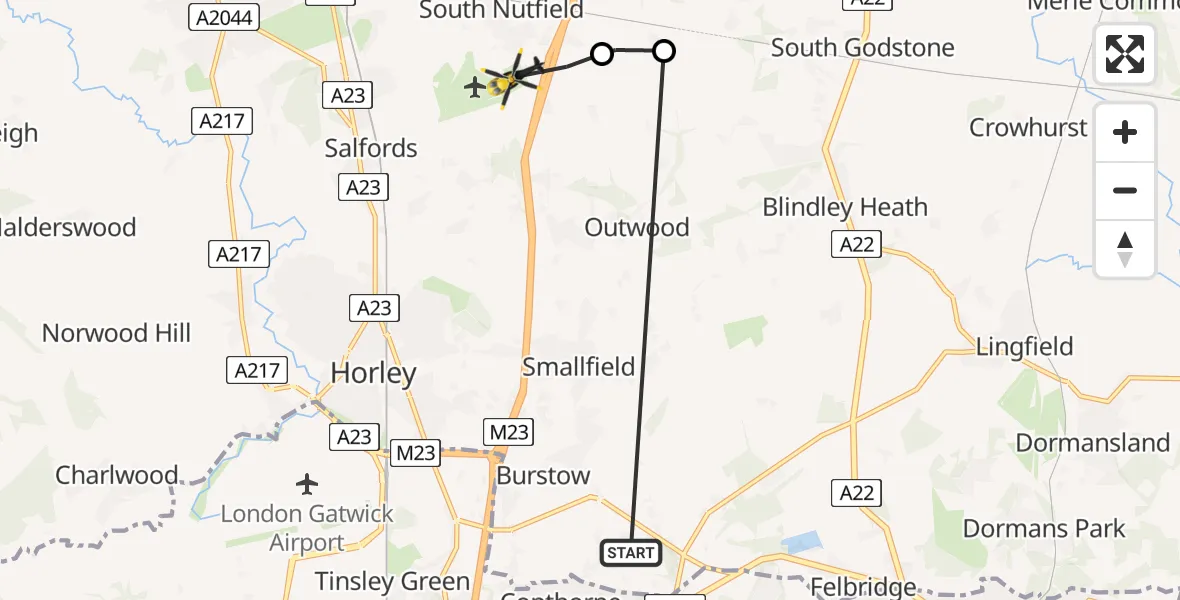 Routekaart van de vlucht: Police Helicopter to South Nutfield, Crab Hill Lane