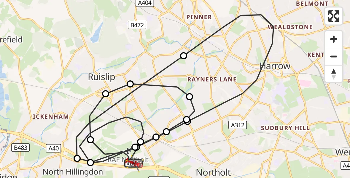 Flight route map: Air Ambulance Helicopter to RAF Northolt, RAF Northolt