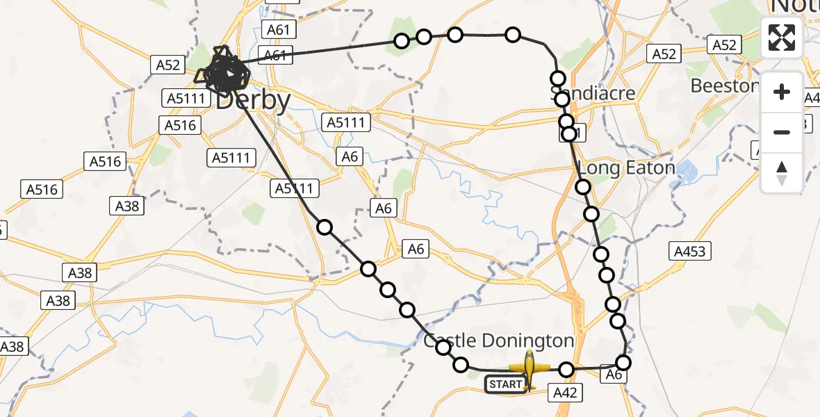 Flight route map: Police Aircraft to East Midlands Airport, East Midlands Airport