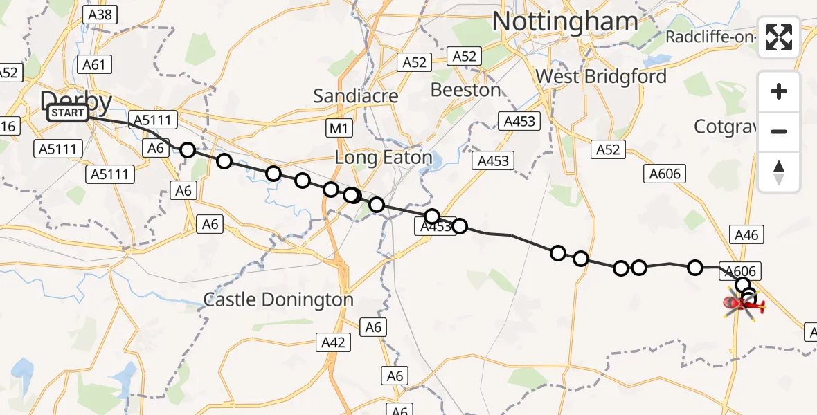 Flight route map: Air Ambulance Helicopter to Nottingham Heliport, Nottingham Heliport
