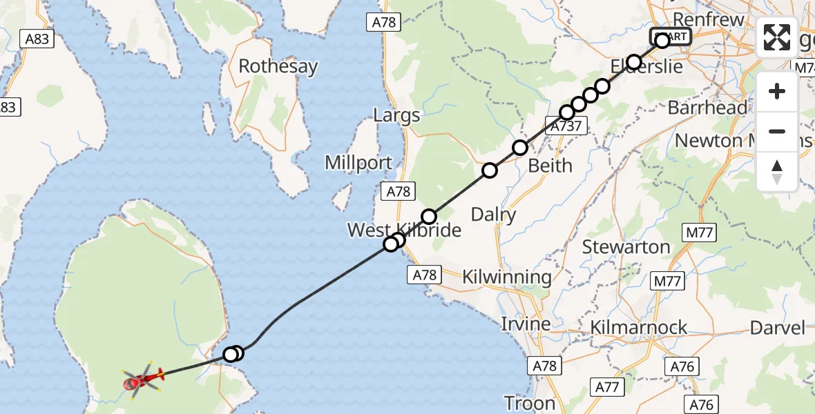 Flight route map: Air Ambulance Helicopter to Brodick, Glasgow Airport