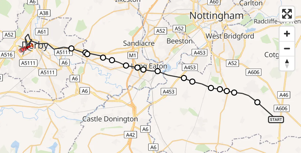 Flight route map: Air Ambulance Helicopter to Derby, Olive Street
