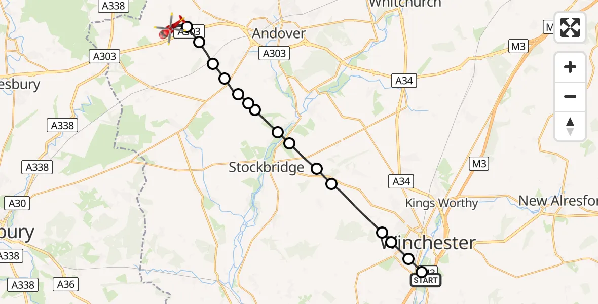 Routekaart van de vlucht: Air Ambulance Helicopter to Thruxton Aerodrome, Thruxton Aerodrome