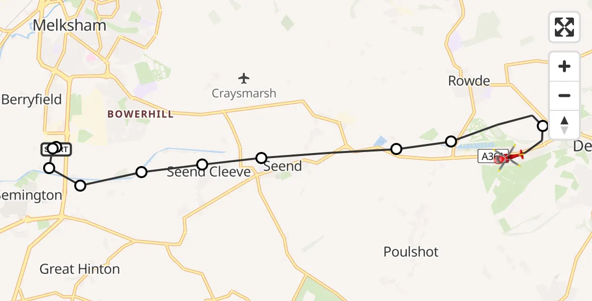 Flight route map: Air Ambulance Helicopter to Devizes, Caen Hill