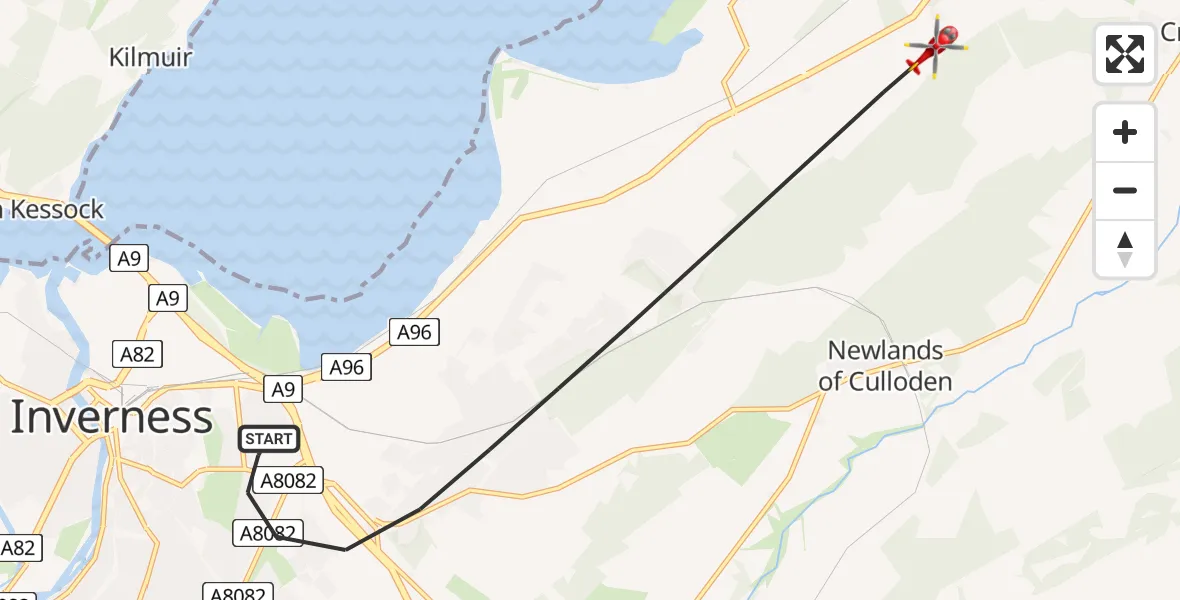 Flight route map: Air Ambulance Helicopter to Inverness, Glebe Cottages