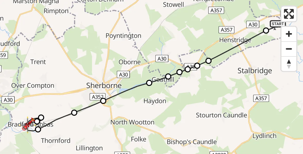 Flight route map: Air Ambulance Helicopter to Bradford Abbas, Mill Lane