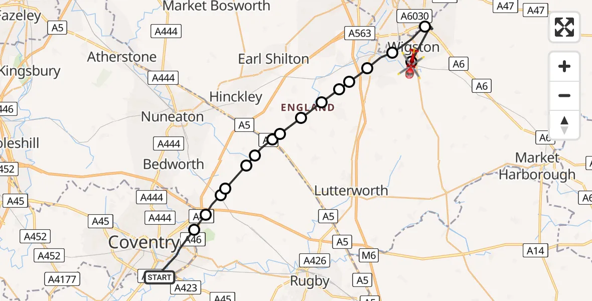 Flight route map: Air Ambulance Helicopter to Wigston, Freshwater Close
