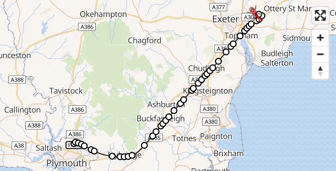 Flight route map: Air Ambulance Helicopter to Exeter International Airport, Exeter International Airport