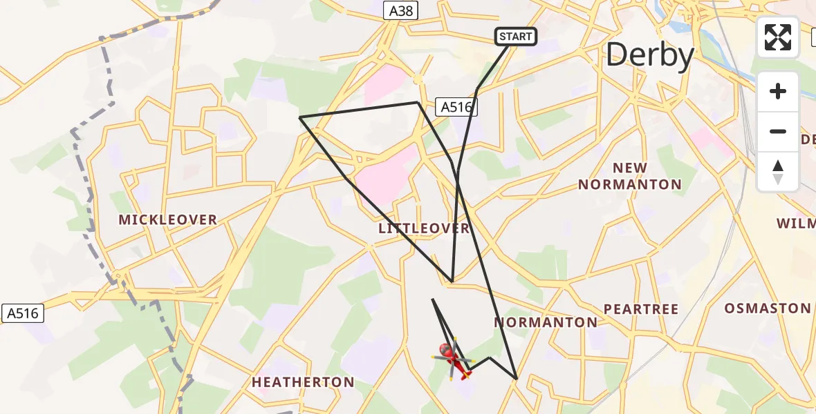 Flight route map: Air Ambulance Helicopter to Derby, Uplands Avenue