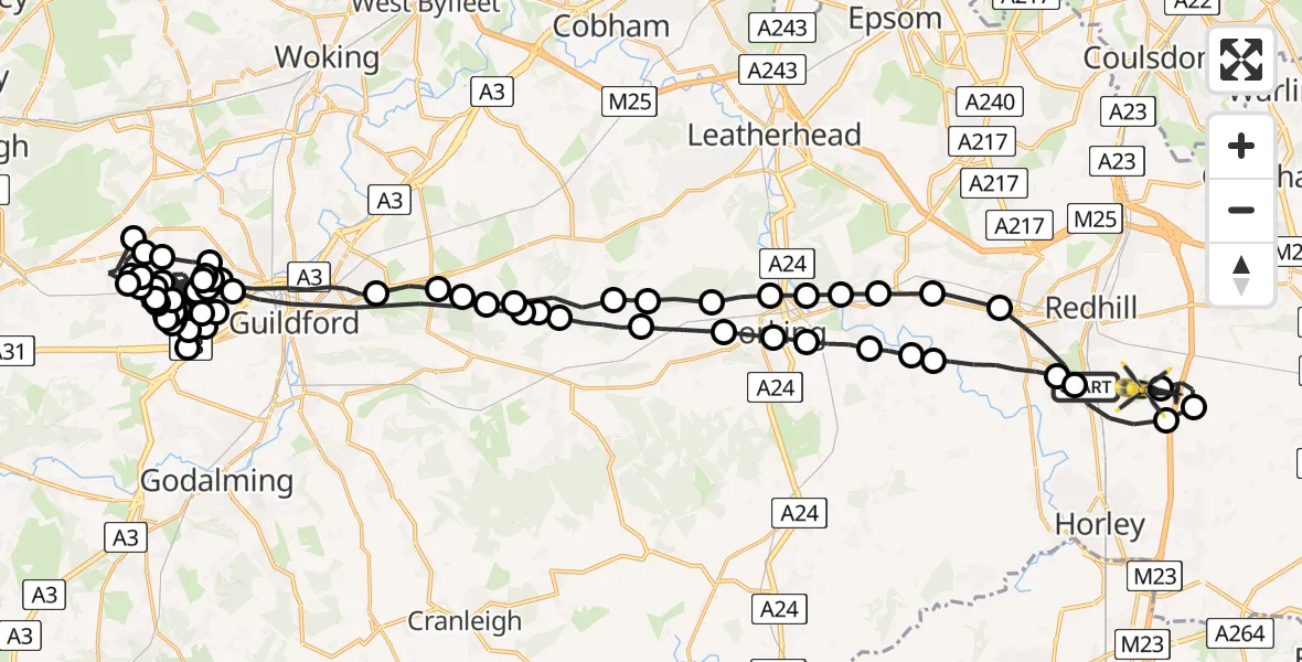 Flight route map: Police Helicopter to Redhill Aerodrome, Redhill Aerodrome