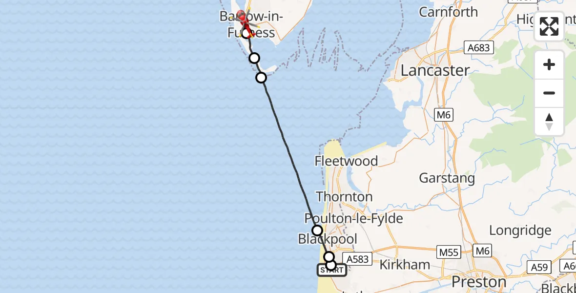 Flight route map: Air Ambulance Helicopter to Barrow-in-Furness, Ferry Beach Road