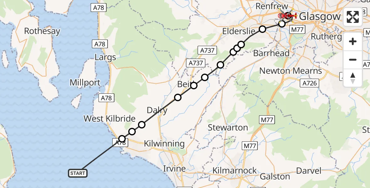 Flight route map: Air Ambulance Helicopter to Queen Elizabeth Hospital, Queen Elizabeth Hospital