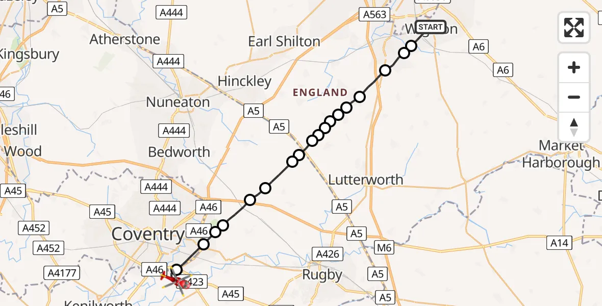 Flight route map: Air Ambulance Helicopter to Baginton, Siskin Parkway West