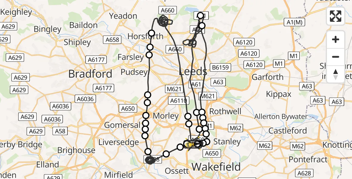 Flight path map showing Police Helicopter route from East Ardsley to East Ardsley