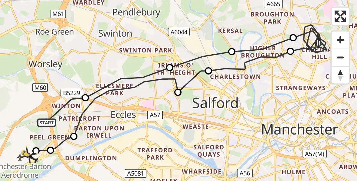 Flight route map: Police Helicopter to Manchester Barton Aerodrome, Manchester Barton Aerodrome