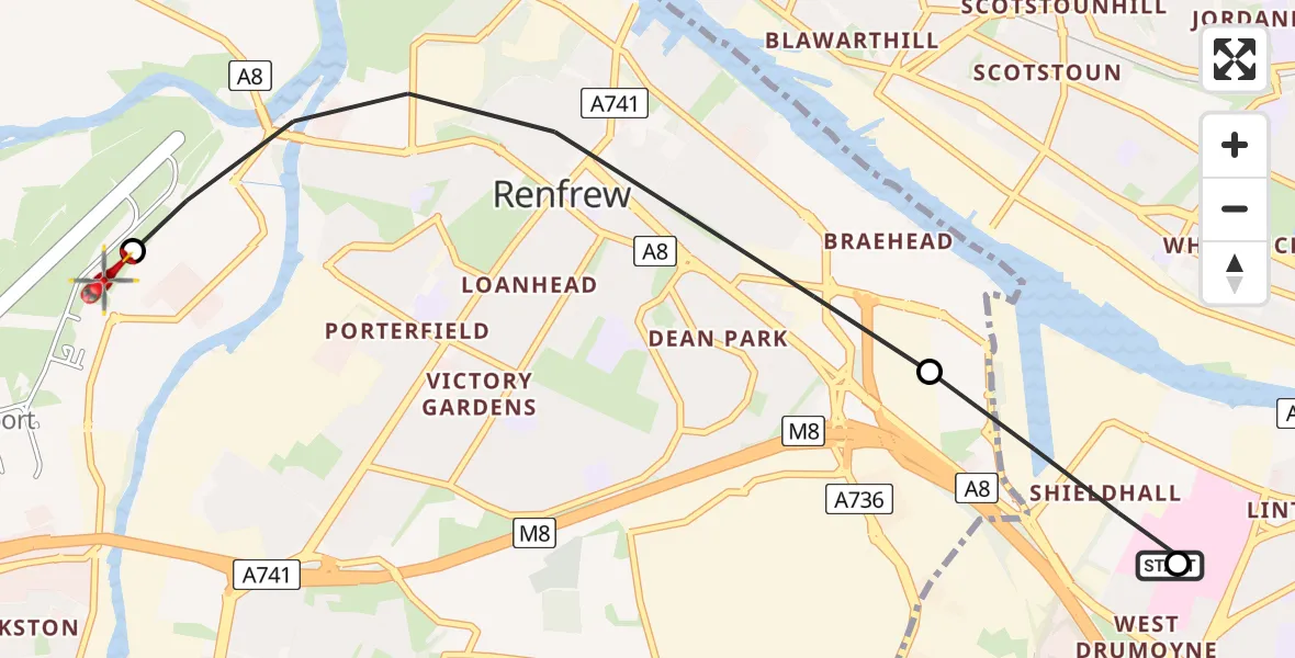 Flight route map: Air Ambulance Helicopter to Glasgow Airport, Glasgow Airport