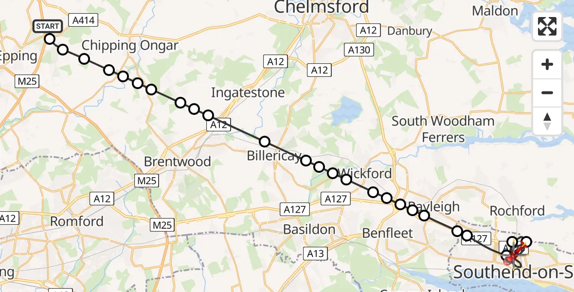 Flight route map: Air Ambulance Helicopter to Southend-on-Sea, Victoria Avenue