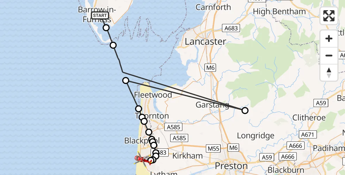 Routekaart van de vlucht: Air Ambulance Helicopter to Blackpool Airport, Blackpool Airport