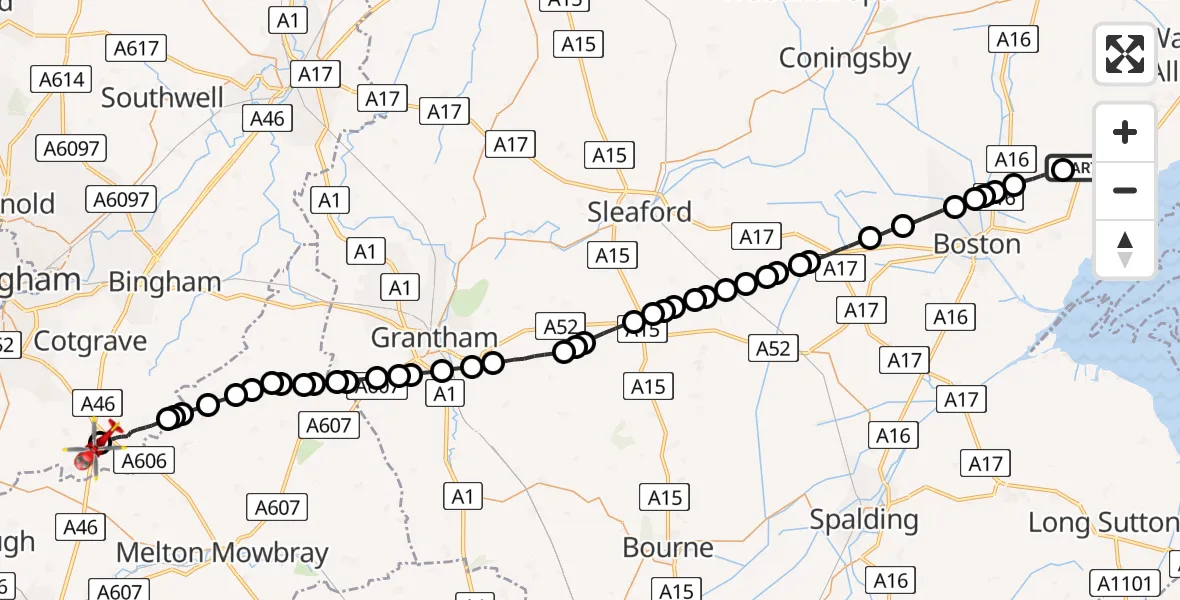Routekaart van de vlucht: Air Ambulance Helicopter to Nottingham Heliport, Nottingham Heliport